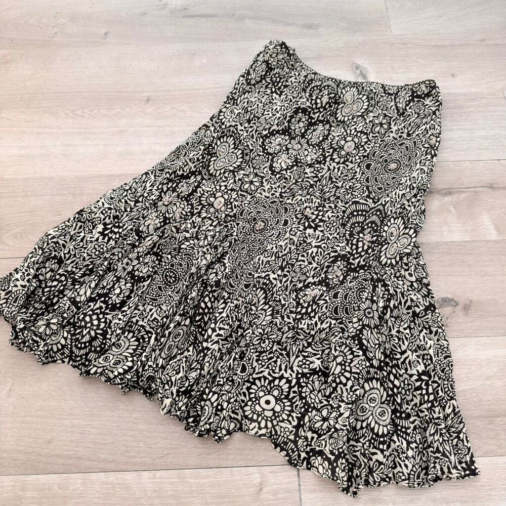 Y2K Fairy Goth Black & Cream Floral Maxi Skirt Beading Women's Medium Boho 90's